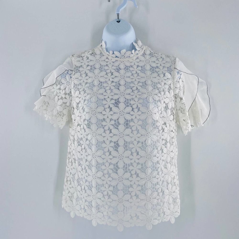 Self-Portrait Flounce Short Sleeve Daisy-Patterned Lace Mock Neck Blouse Size 2 - Picture 8 of 11